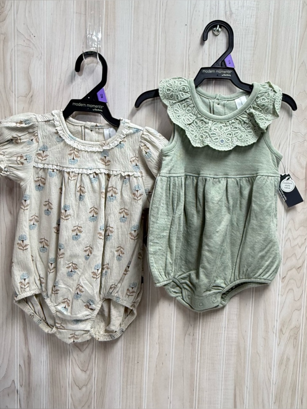 Two Baby Girl Rompers - Sage Green Crochet Collar & Floral Print